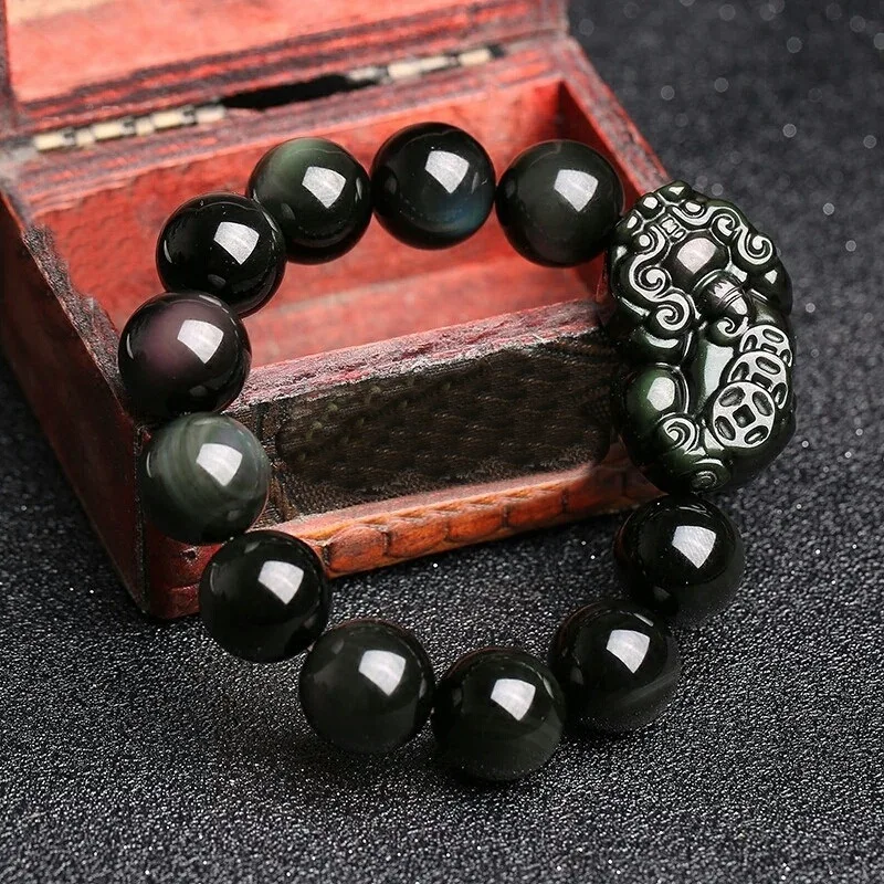 Rough Stone Eye Obsidian Pi Xiu Three Coins Single Ring 10-16mm Men and Women Bracelet