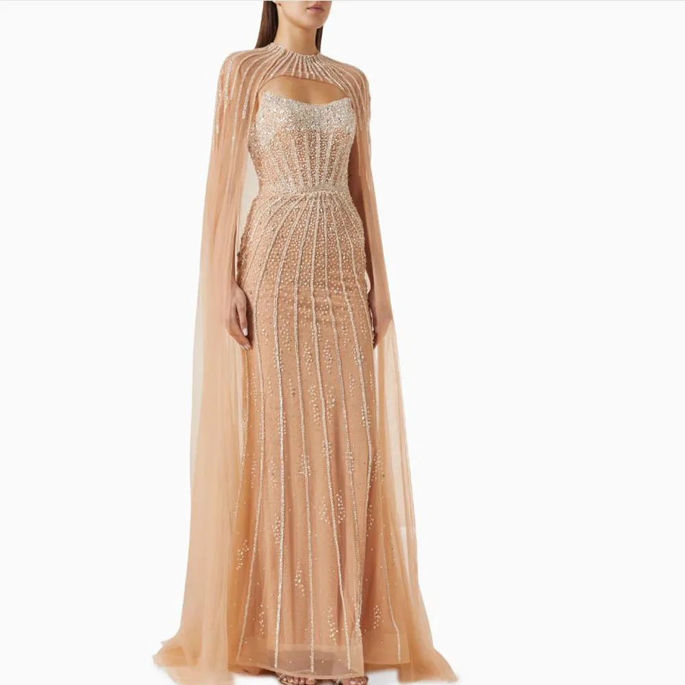 Abiti da sera champagne personalizzati con mantella senza spalline con perline abito formale illusione tulle sirena abiti da gala