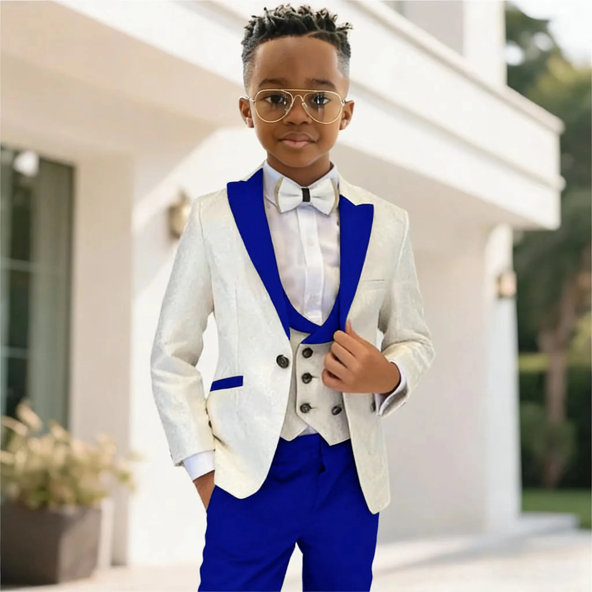 Elegant Peak Lapel Jacquard Boy Suits 3 Pieces Formal Banquet Outfit New Children's Stylish Suit Set Banquet Party Wear 2-20T