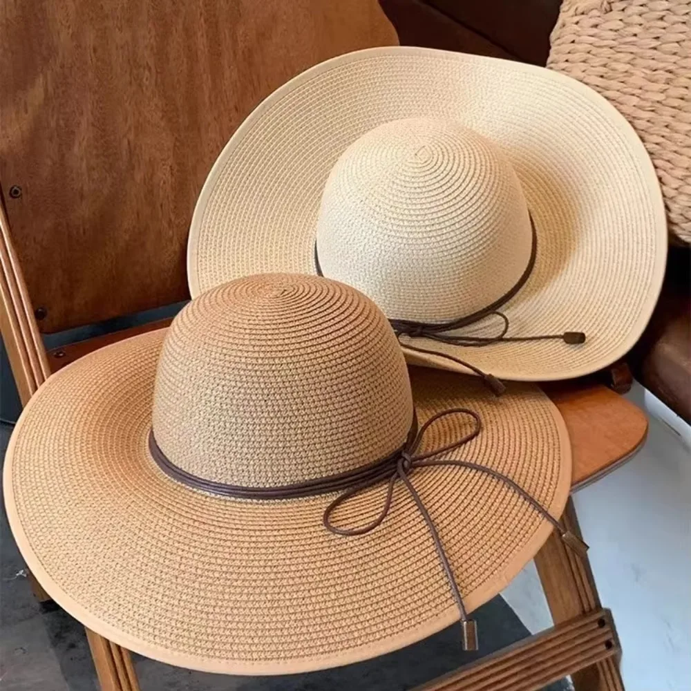 

Fashion Wide Brim Straw Hat Foldable Bowknot Strap Panama Cap UV Protection Summer Cap Ladies Women