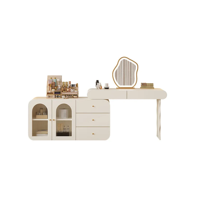 

Cream style all solid wood rock panel movable all-in-one cabinet bedroom modern simple and luxurious dressing table