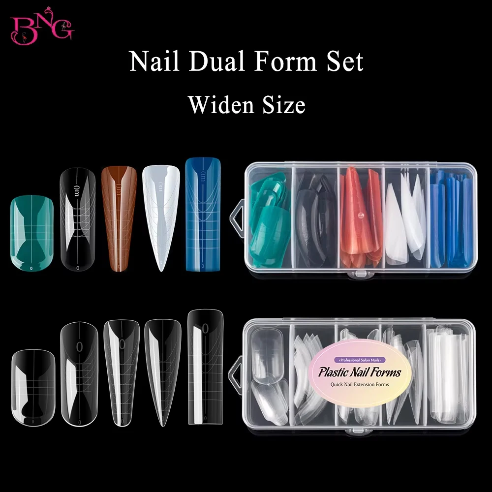 BNG 75PCS Colourful Clear Nail Dual Form Set Embedded Design Nail Forms Full Coverage Nail Extension Molds 15 Size