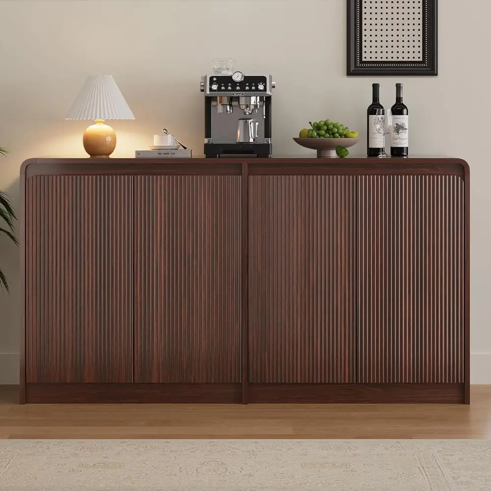 

Curved Walnut Sideboard with 4 Adjustable Shelves, Storage and Bar Cabinet for Kitchen