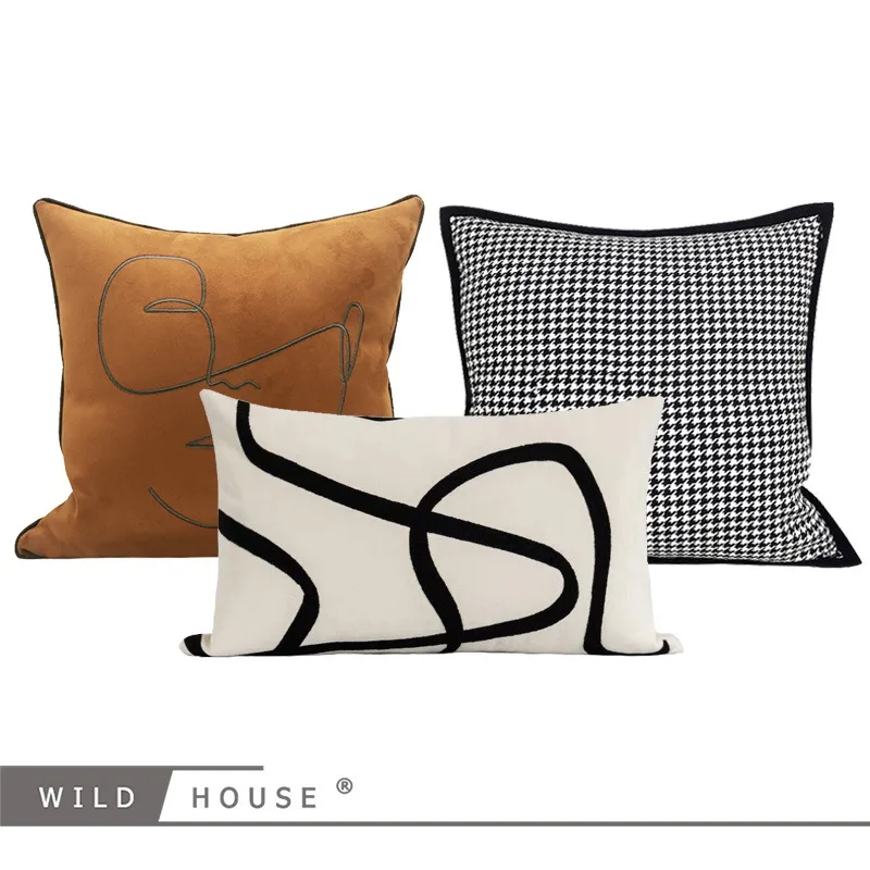 

Modern Living Room Sofa Cushions Black And White Checkered with Orange Abstract Figures Pillow Headrest Backrest Decorative