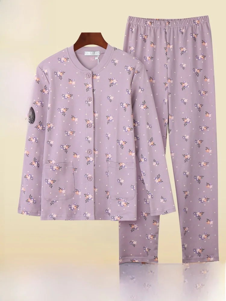 ゆったりとした純綿の秋冬用オープンカーディガンとパンツのセット、中年女性向け、暖かく快適な長袖サーマルウェア