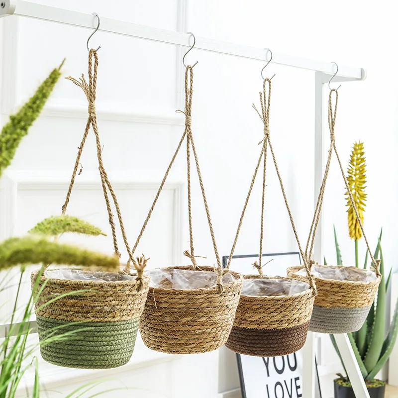 Foldable Seagrass Macrame Basket for Succulent Plants Indoor Outdoor Decor Newest Hanging Basket Jute Rope Hanging Basket