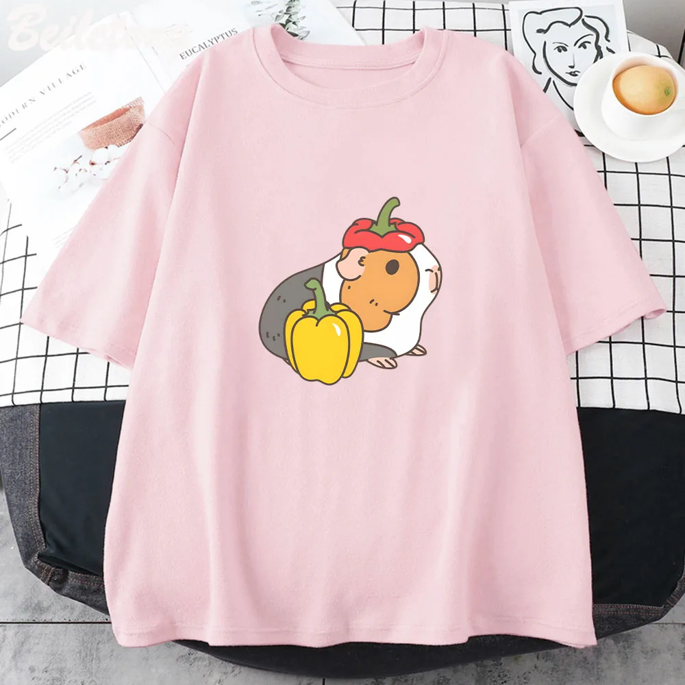 Camiseta clásica con estampado de tomates y conejillos de indias, campana, pimienta, cereza, estampado Kawaii de dibujos animados Harajuku, ropa de verano con personalidad para mujer