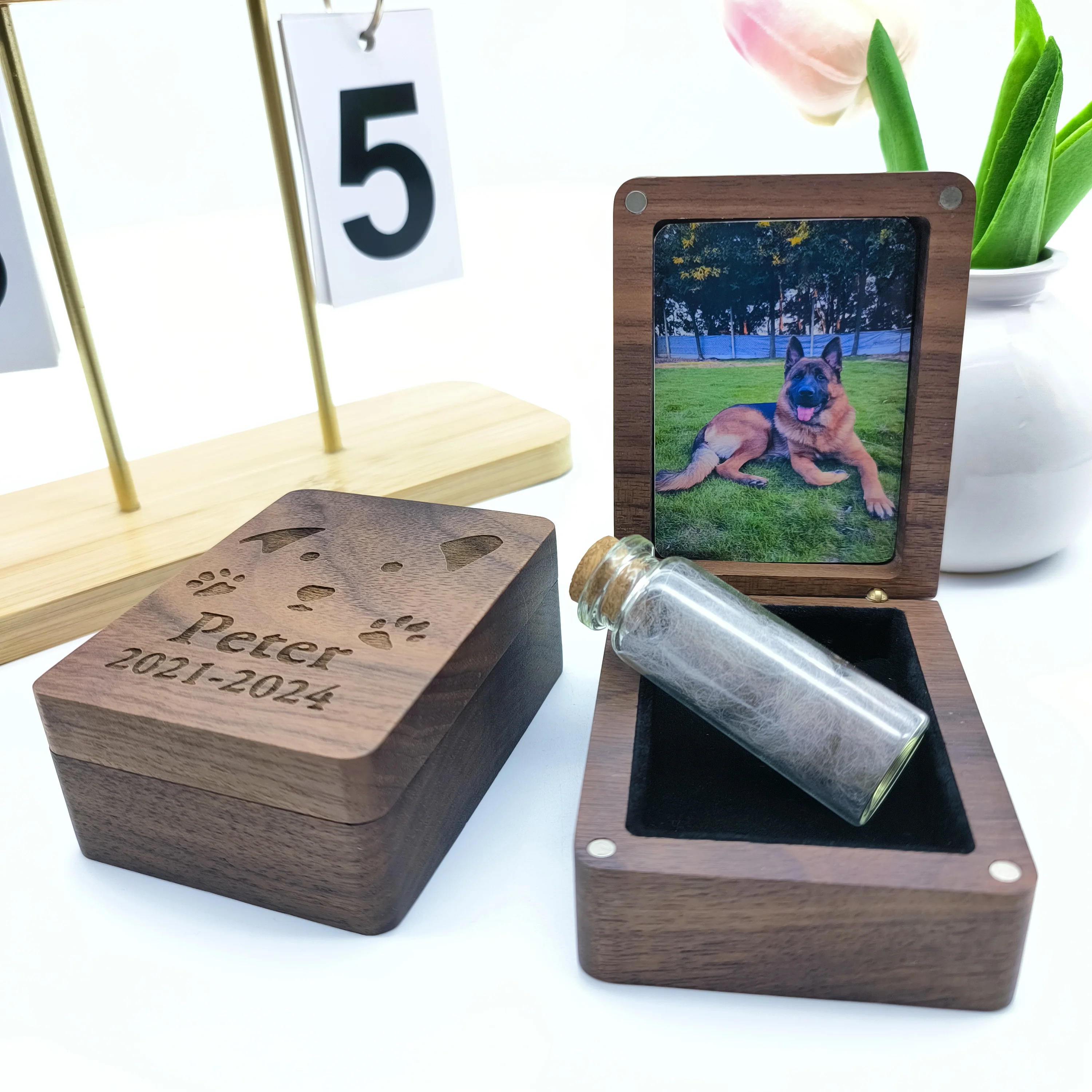 

Personalized Handmade Wooden Pet Memorial Collection Box with Name and Photos - Can Hold Pet Urn, Pet Fur , Pet Teeth, Pet Nails