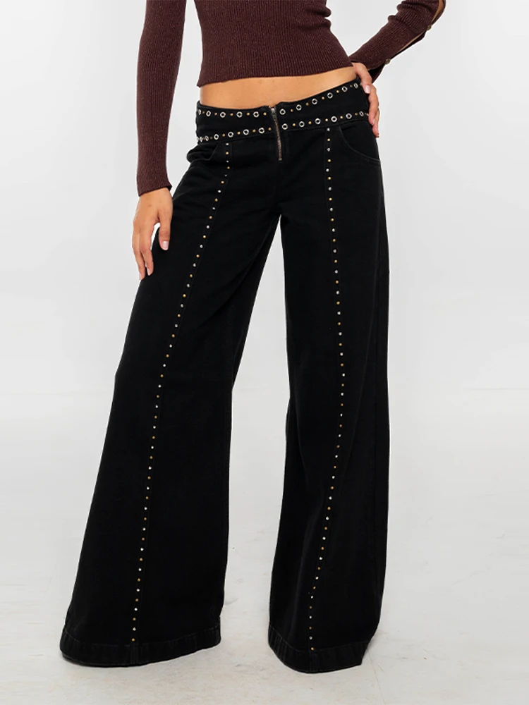 Frauen Coole Nieten Niedrige Taille Schwarze Jeans Mode Bodenlangen Breite Bein Hosen Chic Vielseitige Hose 2025, Neue Dame Pendeln Kleidung – Detail 3