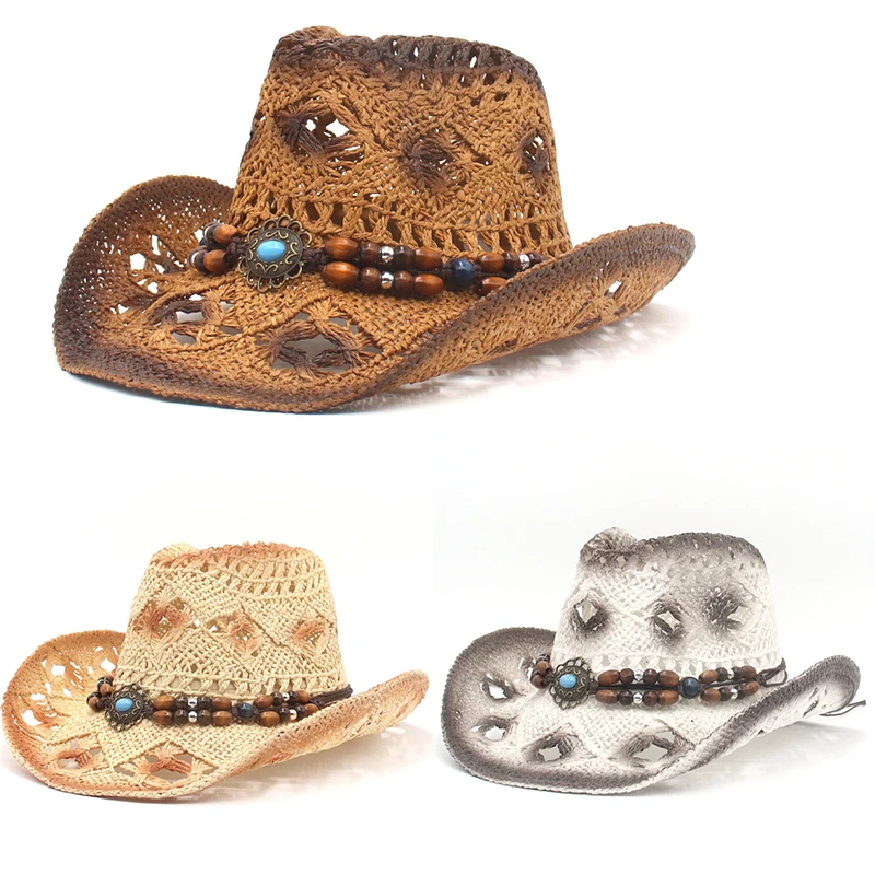 

Summer Bohemian Shell Straw Hat Beach Women Men Cowboy Hats Beads Decoration Hollow Out Western Wide Brim Sunshade Holiday Caps