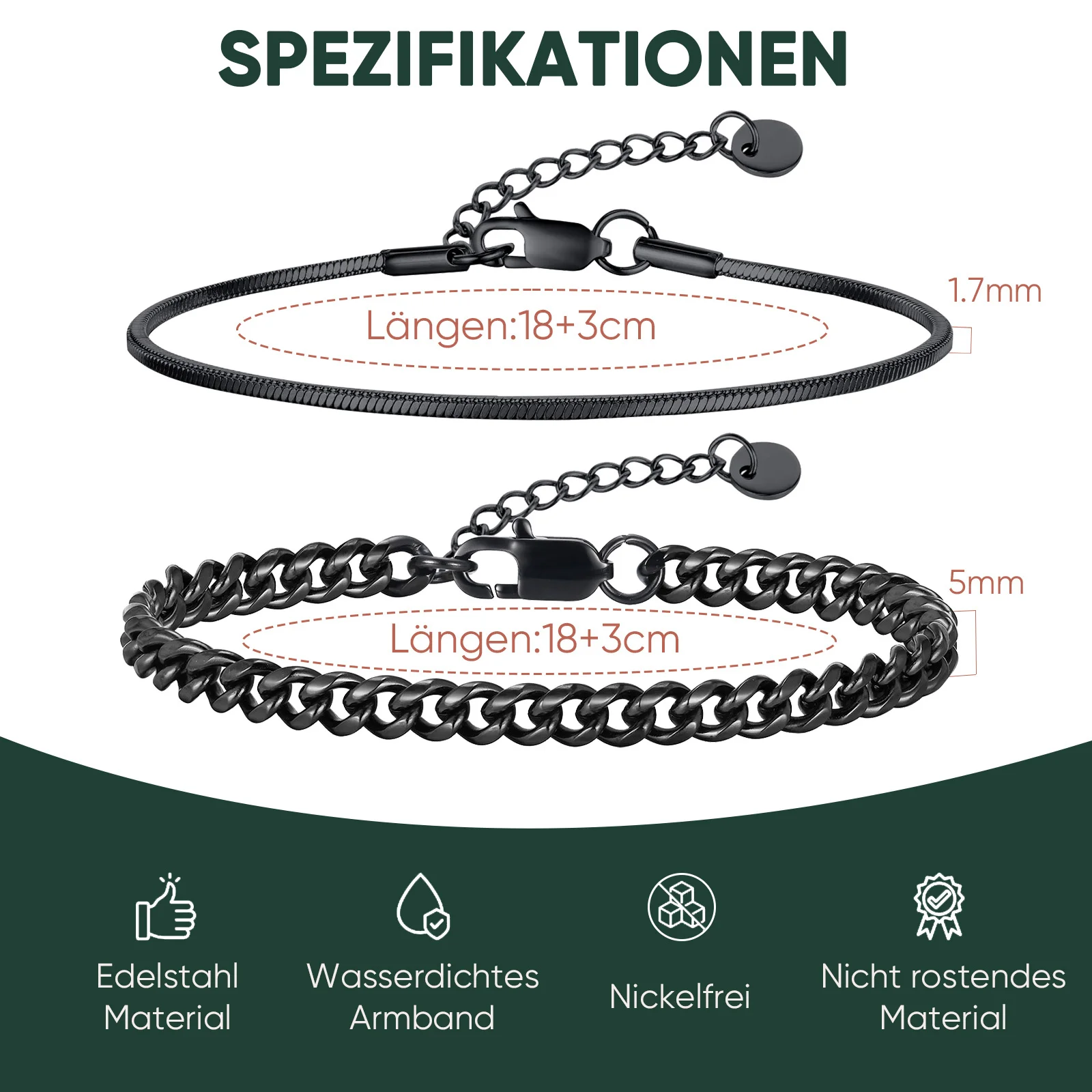 2 Stück kubanische Kettenarmbänder für Männer und Jungen, wasserdichtes Edelstahl-Armband in silberner Farbe, stilvolles Vatertagsgeschenk – Detail 1