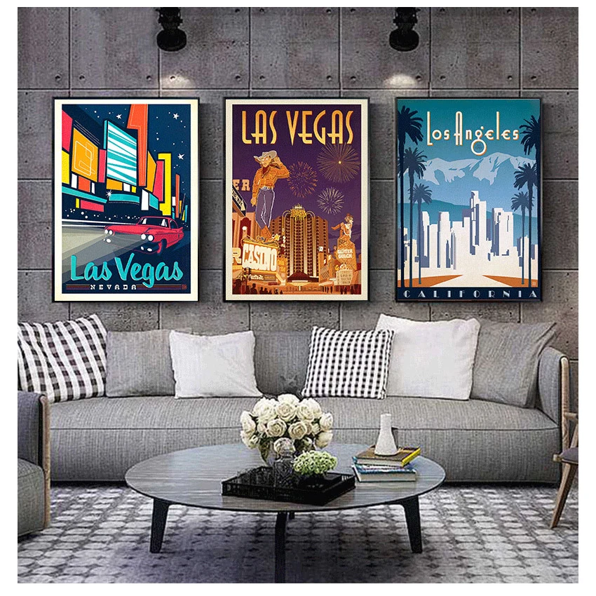 Poster Canvas Paintings Vintage Wall Kraft Posters Coated Stickers Home Decor Pictures Gift America Las Vegas City Travel