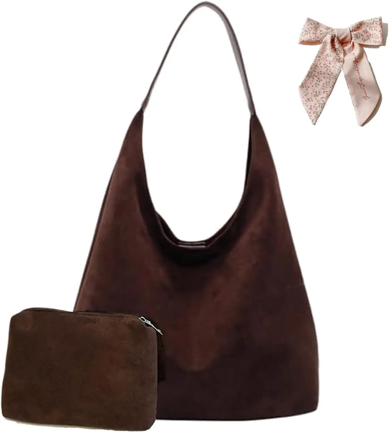 Faux Suede Tote Bag with Pouch, Hobo Slouch Bag, Women's Shoulder Bags Retro Hobos Bags for Travel School College Work