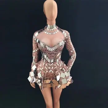 stage dance draagt Sparkly zilveren pailletten bodysuit jurk strass kostuum incarnadine kleur zanger spiegeljurk