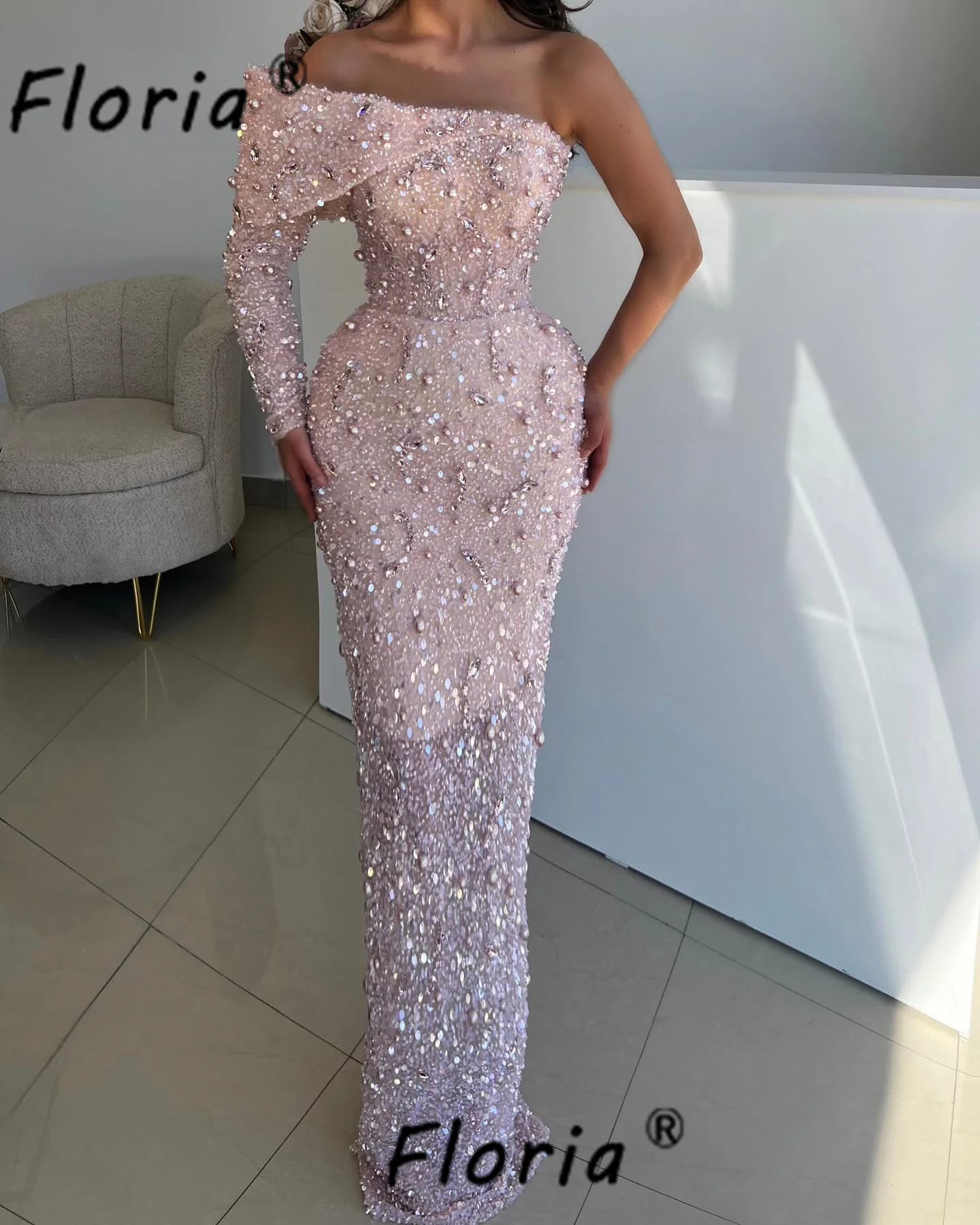 

Luxury Beaded Arabic Evening Dress Crystal Sequin Sparkly Pink Formal Party Gowns One Shoulder Prom Cocktail Robes soiree 2025