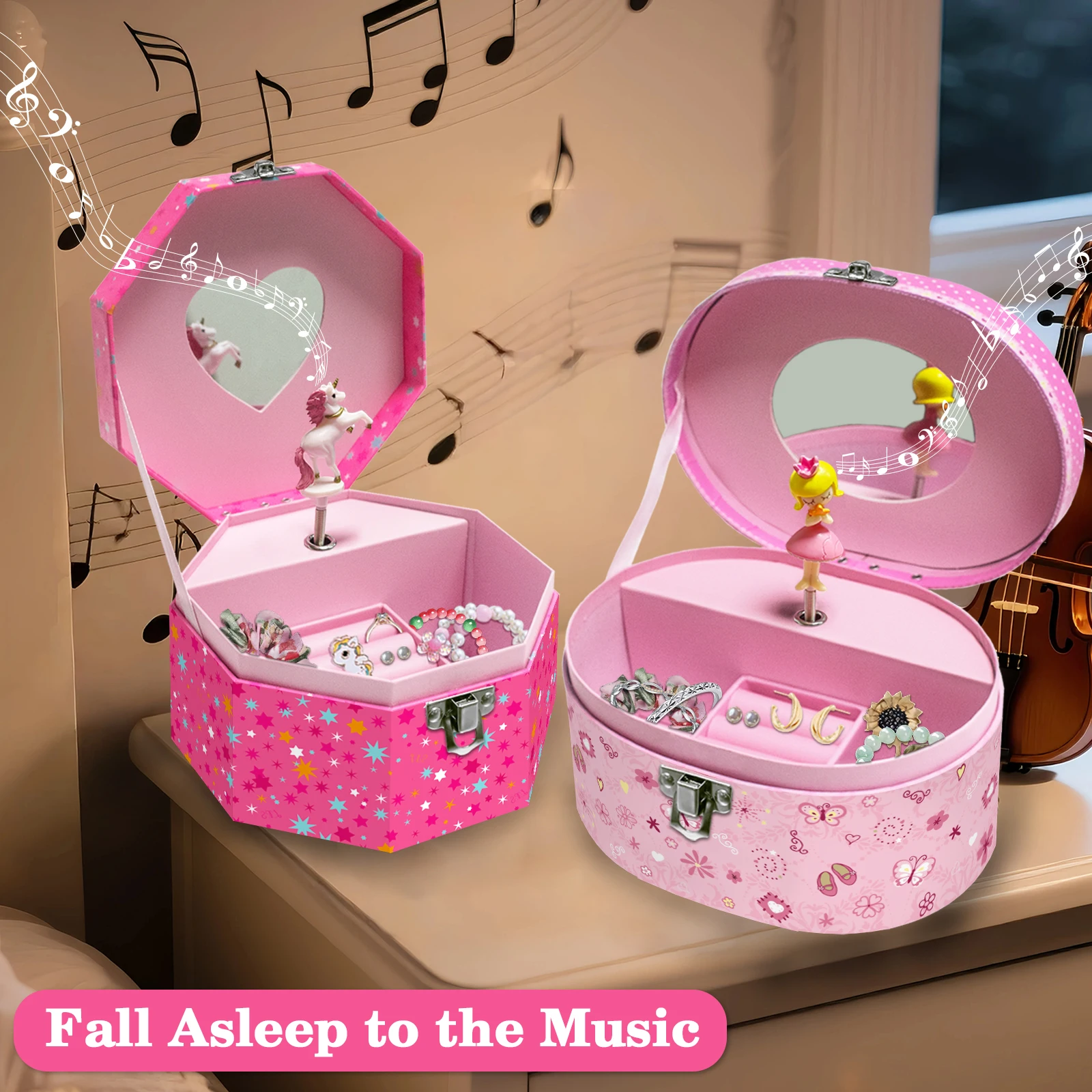 Women’s Musical Jewelry Box - Octagonal/Elliptical Wind Up Music Storage w/ Mirror Romantic Organizer for Rings, Necklaces