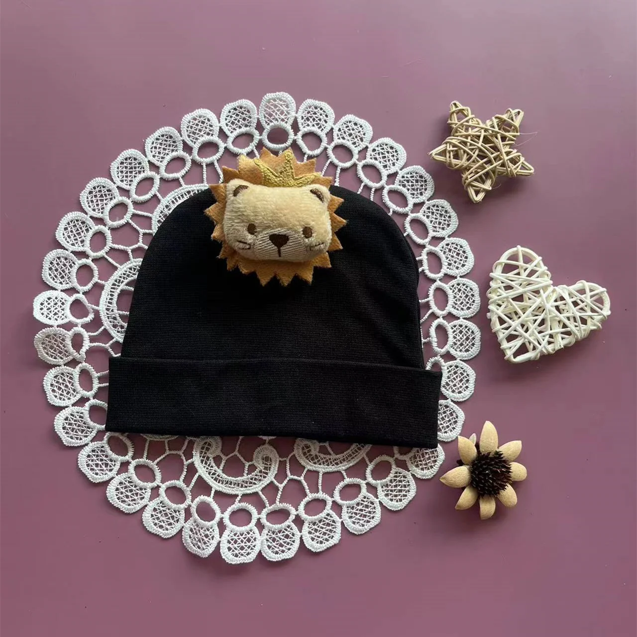 Solid Cotton Baby Turban India Hats Newborn Boys Girls Autumn Winter Beanies Bonnet with Handmade Cartoon Lion Kids Headwraps