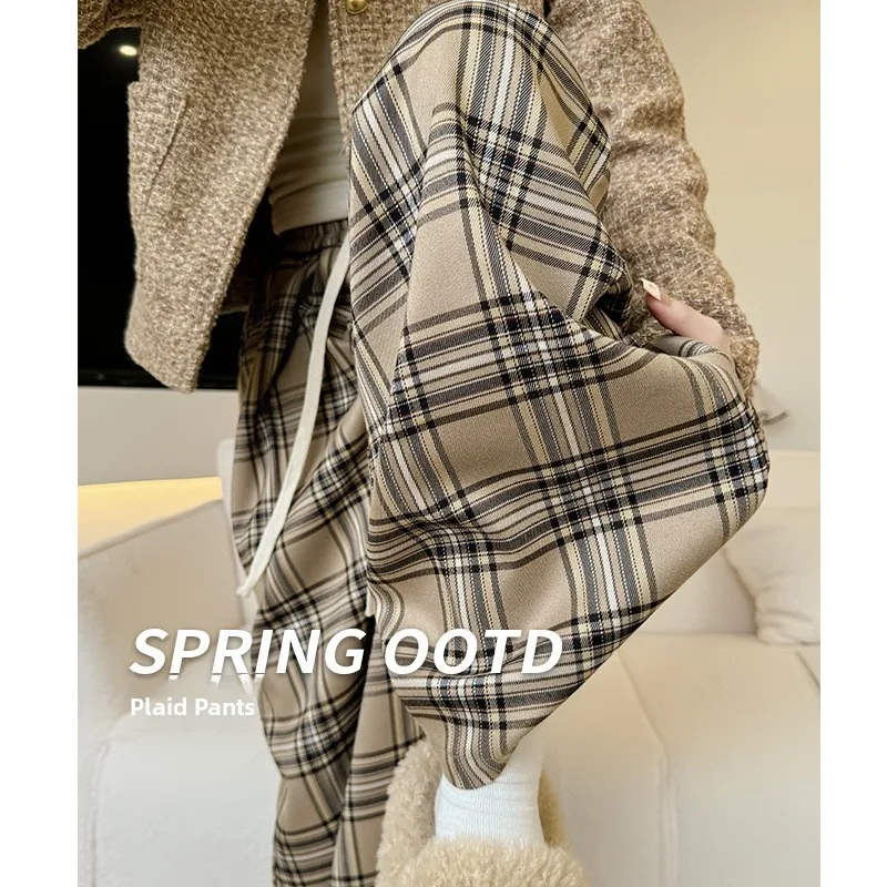 

American Style Retro Plaid Casual Pants Women High Waist Drapey Lazy Straight Leg Slimming Wide Leg Pants Autumn New Arrival