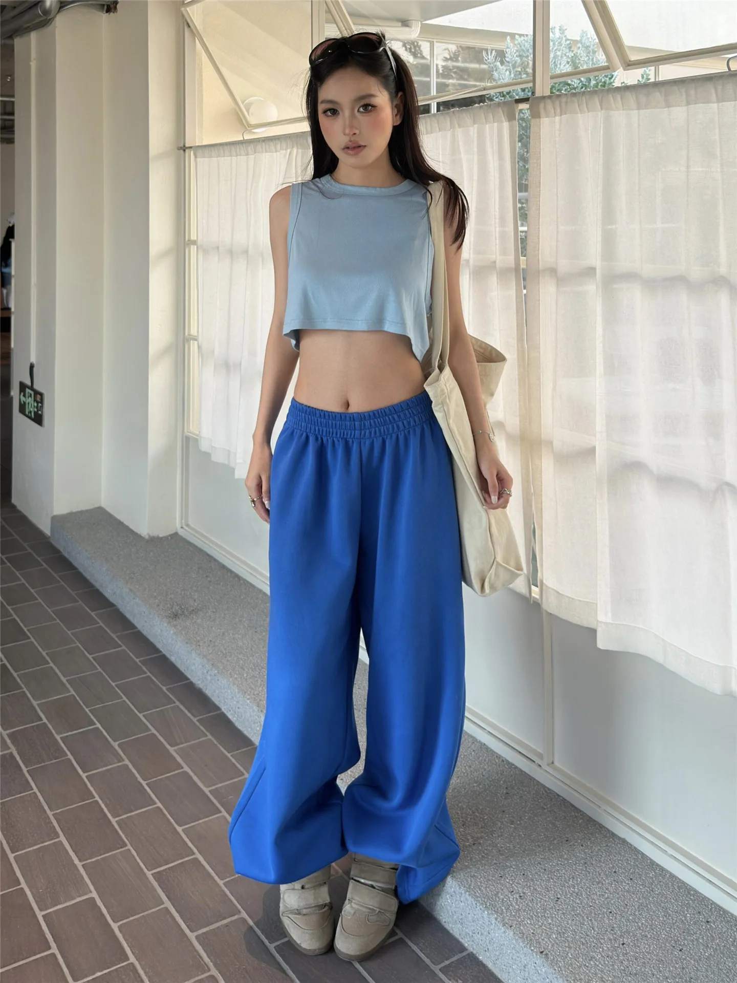 Low Waist Casual Sweatpants Women's Summer Loose Drape Elastic Waist High Waist Extended Wide Leg Pants Spicy Girl Klein Blue