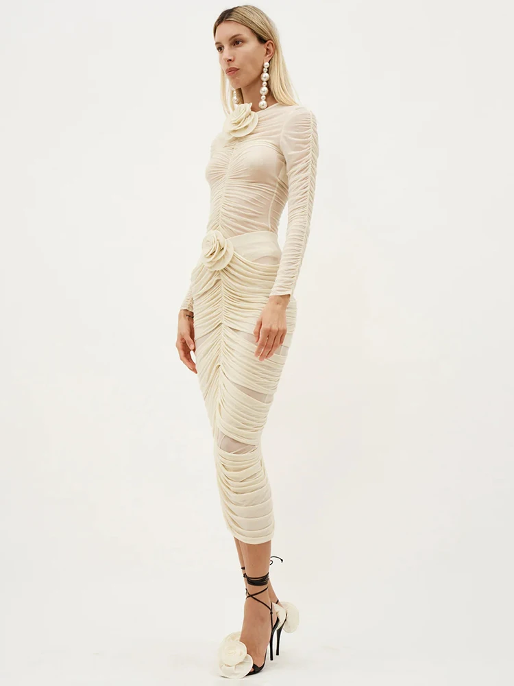 Lange mouwen hoge taille geplooide abrikoos gestructureerde bloemen tweedelige set voor dames patchwork ronde hals ruches feestjurk