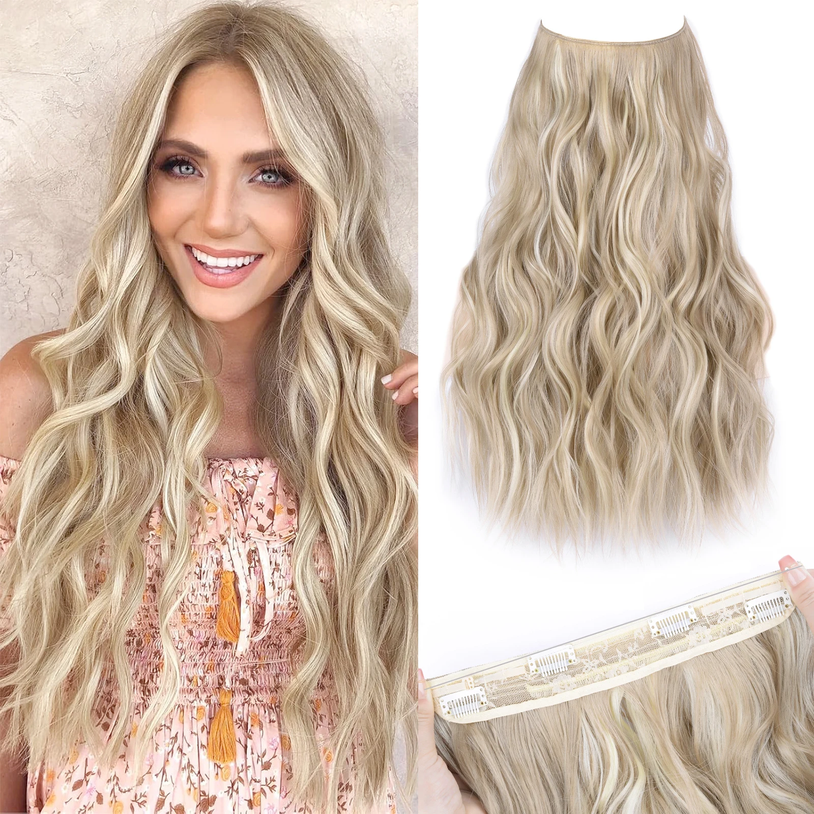 Synthetic 4 Clips Invisible Wire Hair Extensions Long Wavy Natural Fish Line One Piece False Hairpiece Hair Extension For Women