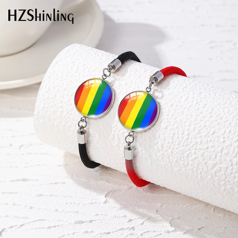 2024 New Rainbow Flags Rope Bracelet Pride Red Black Bracelets Glass Dome Cabochon Jewelry Handmade For Gifts