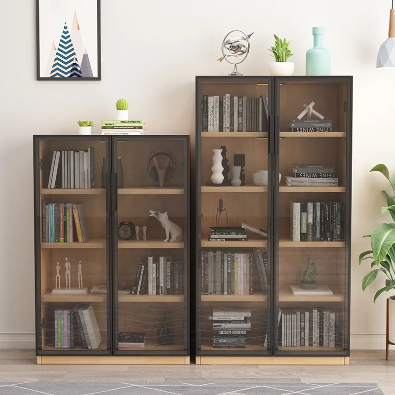 Solid wood glass door bookcase modern simple light luxury living room shelf storage cabinet