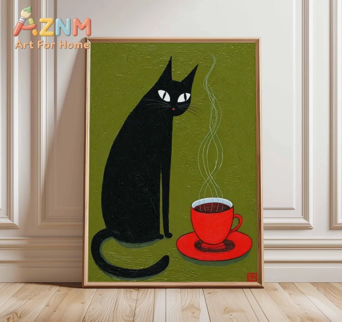 Black Cat Coffee Art Print, Modern Minimalist Kitchen Cafe Decor,ideal for cat lovers, coffee enthusiasts and kitchen decor