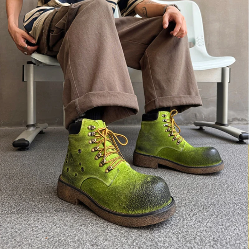 

Round Toe Men Lace Up Ankle Boots Fashion Suede Leather Short Motorycle Boots for Men Outdoor High Top Casual Platform Shoes