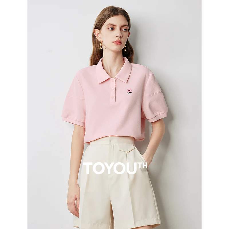 TOYOUTH Women POLO Shirt 2024 Summer New Pearl Flower Embroidery Short Sleeve Pullover Casual Pink Tops