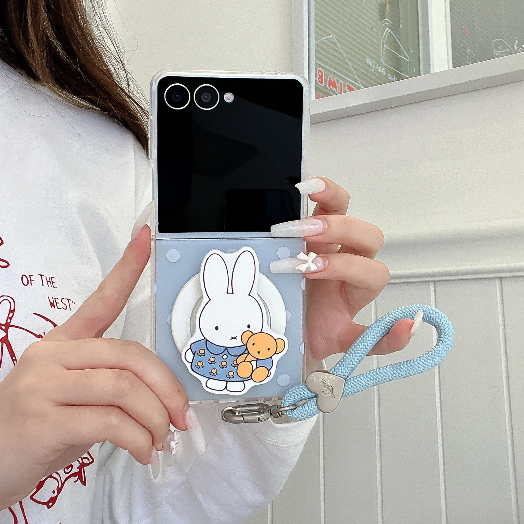 Cute Kawaii Miffy Rabbit Phone Case with Grip Holder  Wrist Strap For Samsung Galaxy Z Flip 7 6 5 4 3 Magnetic Light Blue Polka