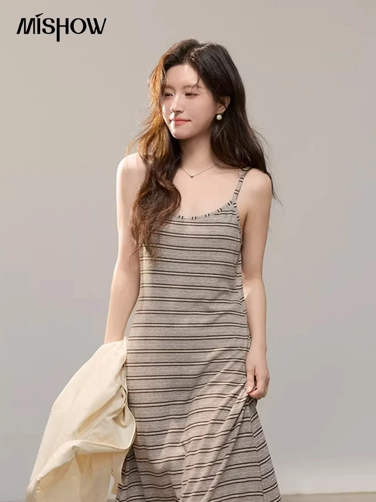 

Женское полосатое платье-миди MISHOW на бретельках, весна 2026, повседневное, без рукавов, приталенное, мягкое, А-силуэт, MXF14L2561