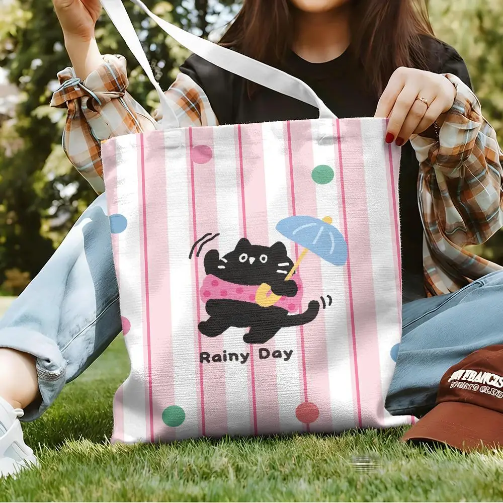 Kawaii Cute Cat Storage Bags Canvas Double-Sided Print Fashion Shoulder Tote Shopping Bag Gift Eco Handbags