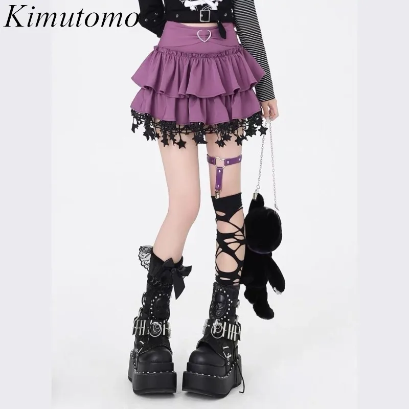 

Kimutomo мини-юбки женские кружевные лоскутные оборки с высокой талией Y2k эстетичная Harajuku винтажная милая юбка модная женская повседневная юбка