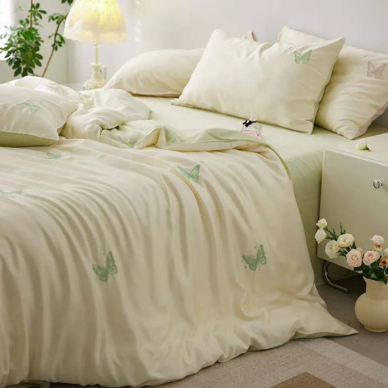 Class A summer 60 Lenzing Tencel four-piece butterfly embroidery small fresh ice silk nude bed sheet quilt cover 4