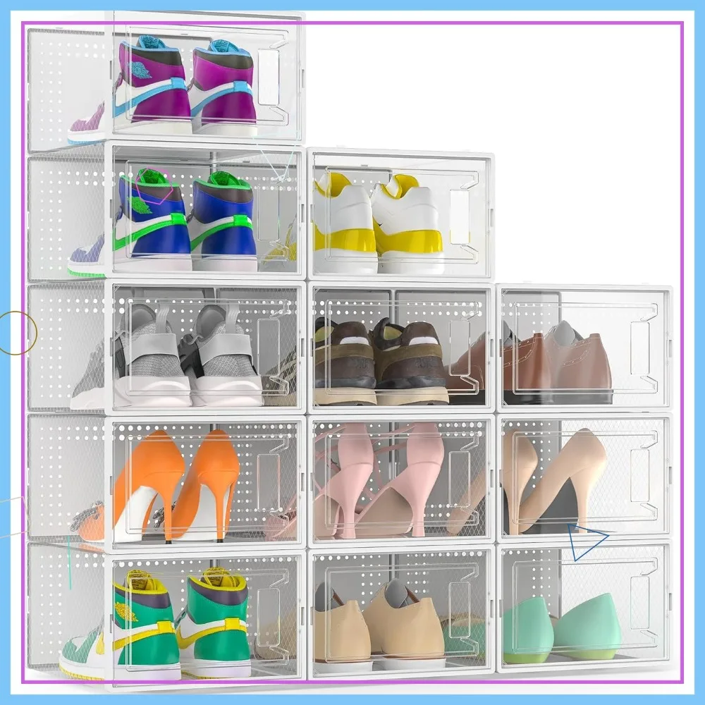 

Набор из 12 больших прозрачных штабелируемых коробок для обуви с крышками, модульные компактные контейнеры для хранения в шкафу