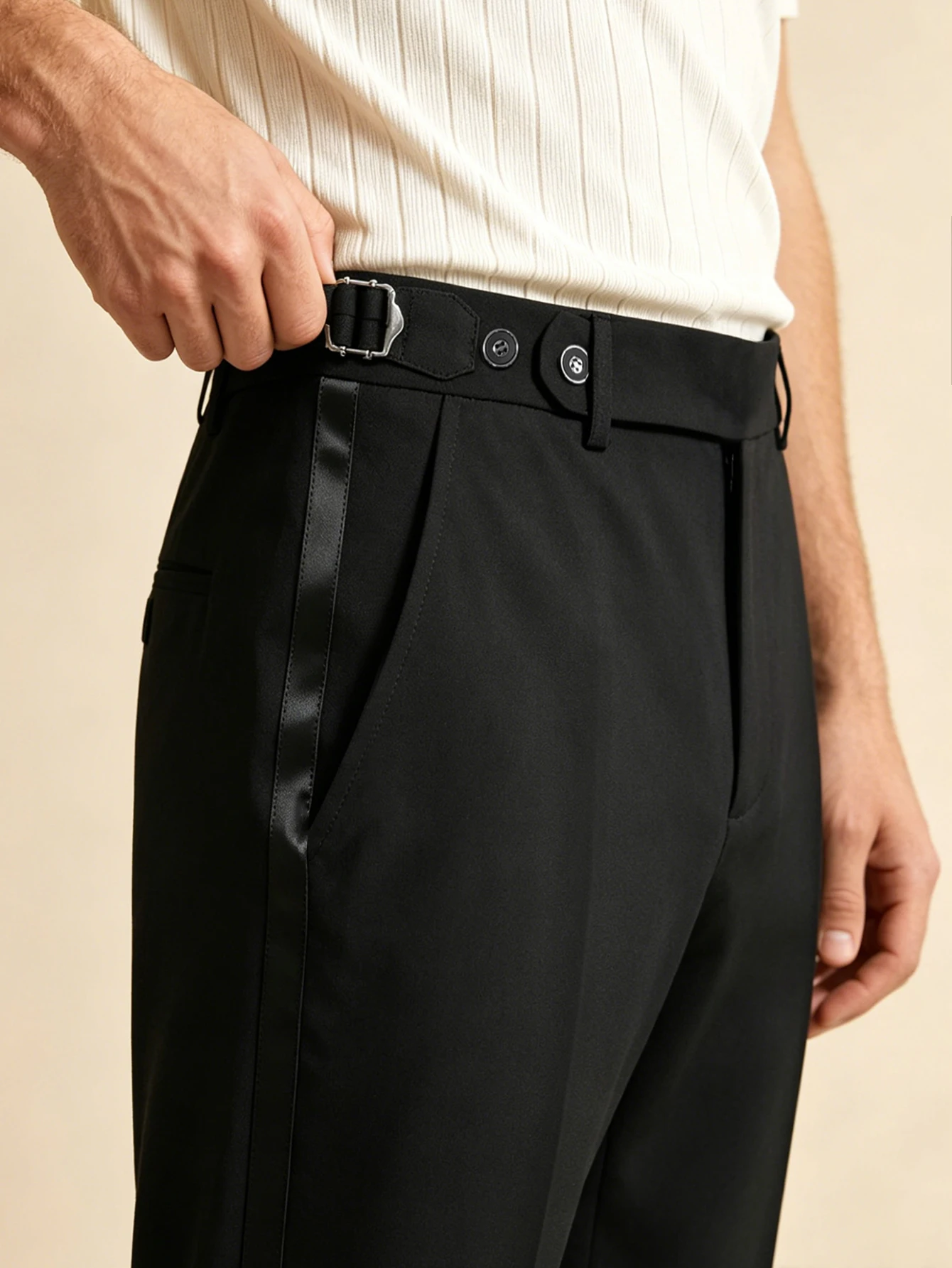 2026 Elegant Neapolitan Men Solid Color Suit Trousers Side Paris Buckle Button Closure Formal Business Daily Straight Dress Pant