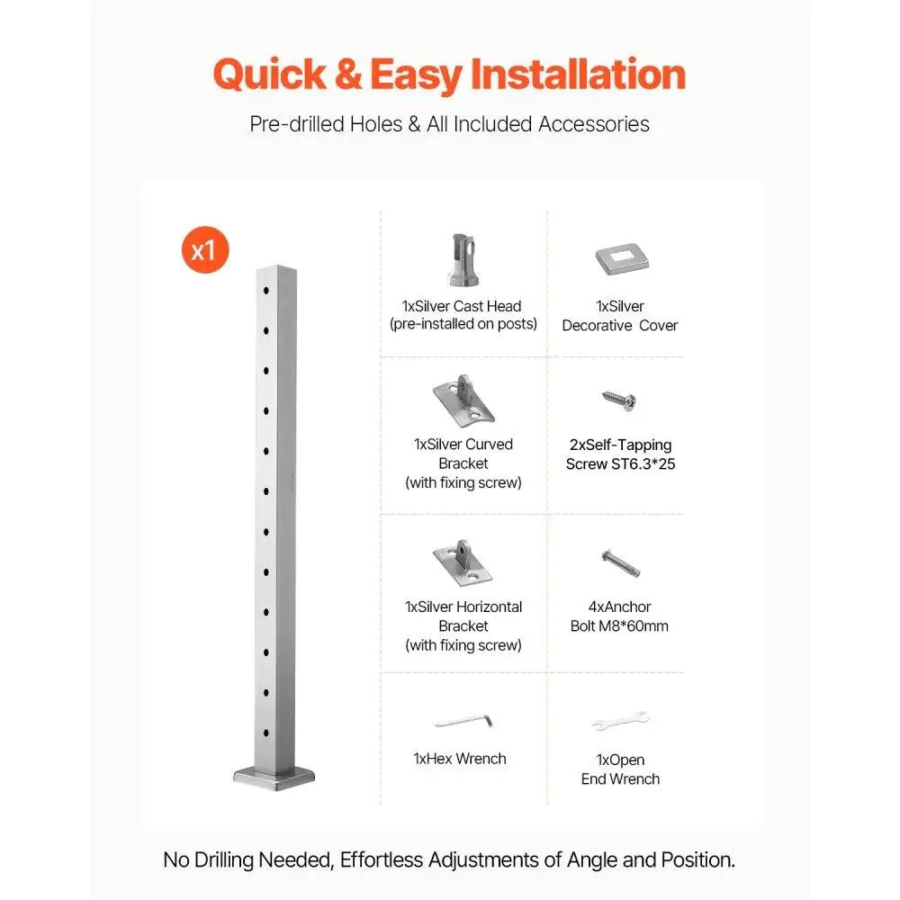 Stainless Steel Cable Railing Post 42x2x2 Inch Level Deck Stair Handrail Post Pre-Drilled Pickets with Mounting Bracket Silver
