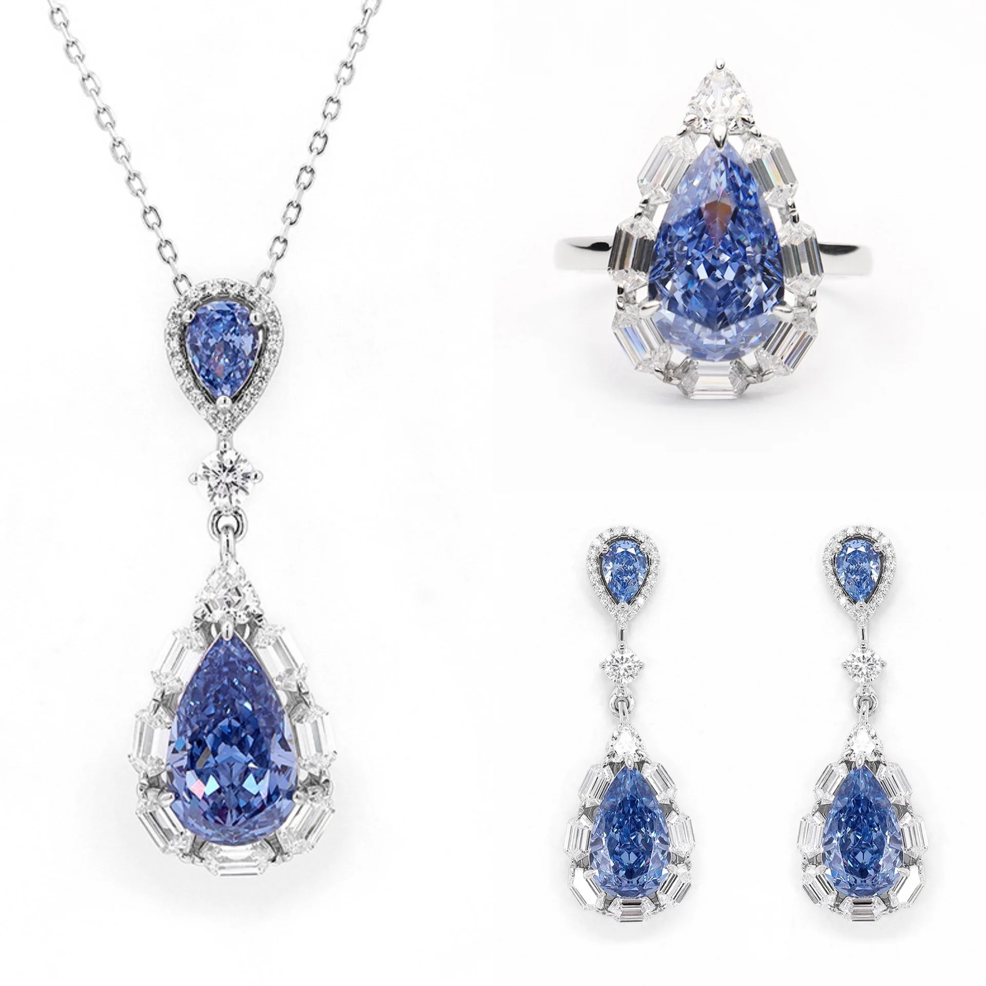 

S925 Серебряный ледяной цветок огранки Ярко-синий комплект ювелирных изделий с высокоуглеродистыми бриллиантами, кольцо, ожерелье, серьги