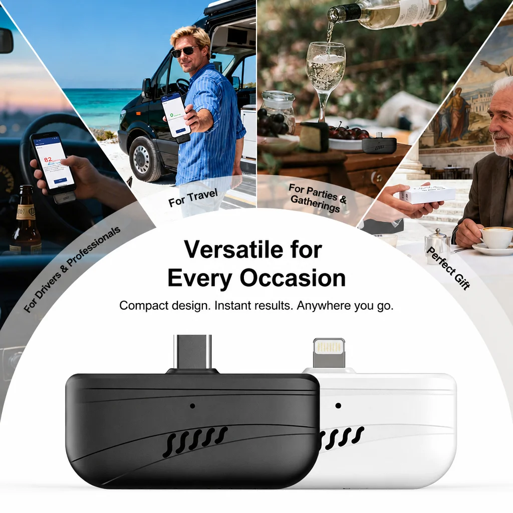 Portable Breathalyzer Alcohol Detector, Plug‑in Type‑C & Lightning Port, APP‑Connected Personal Breath Alcohol Tester for Drivin