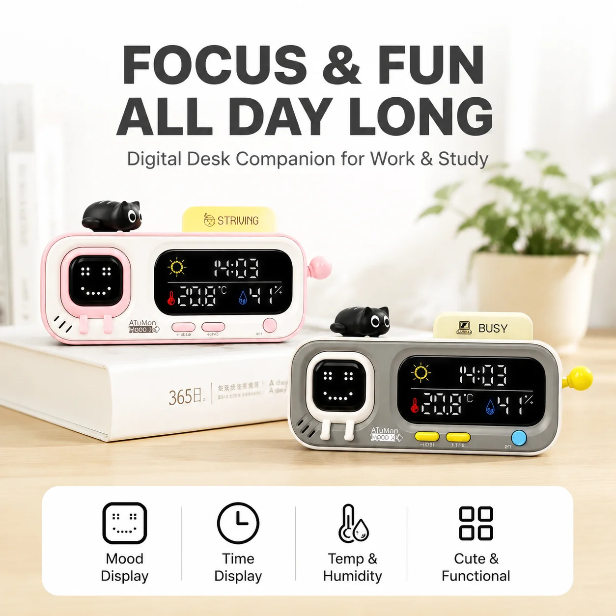 ATuMan MOODA Pixel Thermohygrometer Cute Cat Alarm Clock Busy Sign Temp Humidity Monitor Bedroom Desk Decor