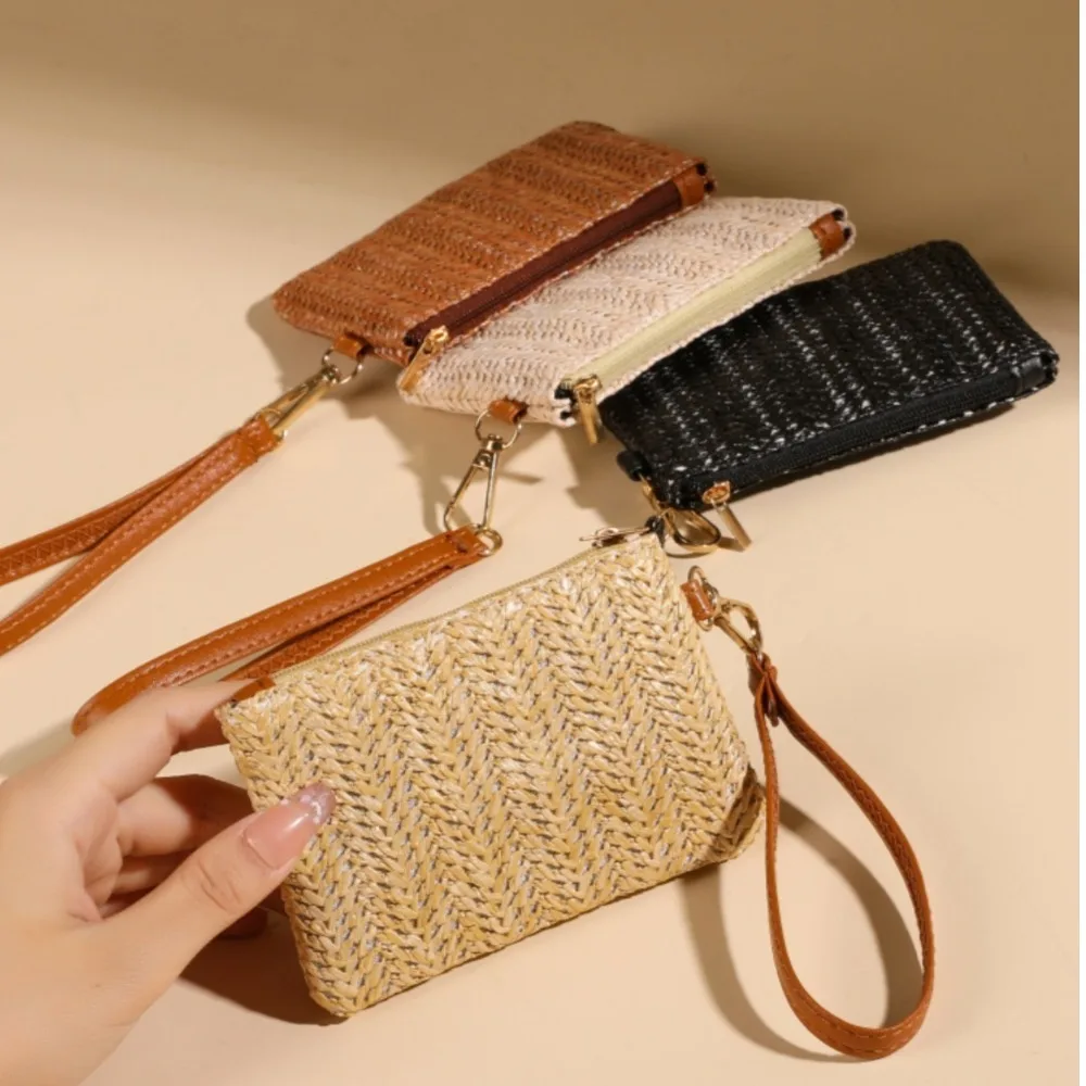 Fashion Wristlet Clutch Weaving Bag Solid Straw Lightweight Coin Purse Beach Wallet