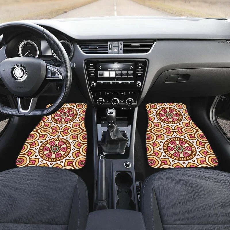 Pastel Ethnic Mandala Print Front and Back Car Floor Mats Heavy Carpet Front and Rear Full Set 4PCs Pack