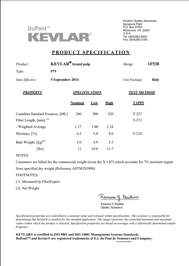 KEVLAR brand pulp Merge 1F538 Type 979 Kevlar Aramid Pulp