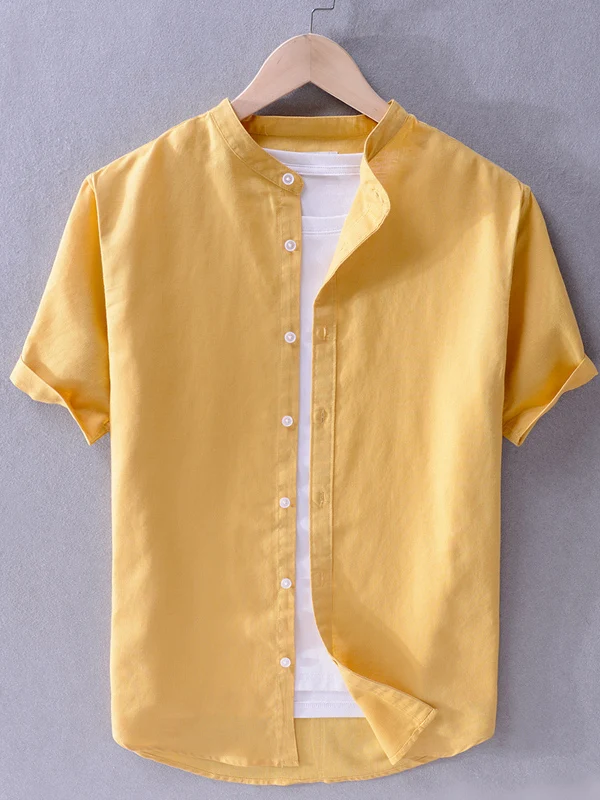 

Summer 2025 Men's Casual Loose Linen irt Thin Cotton Linen ort Sve White Stand Collar Breathable Comfortable Faionable