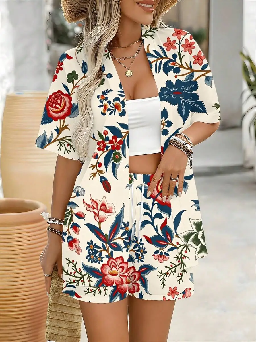 

Women Floral Print Cardigan And Shorts Set Boho Style Summer Beach Wear Casual Outfit