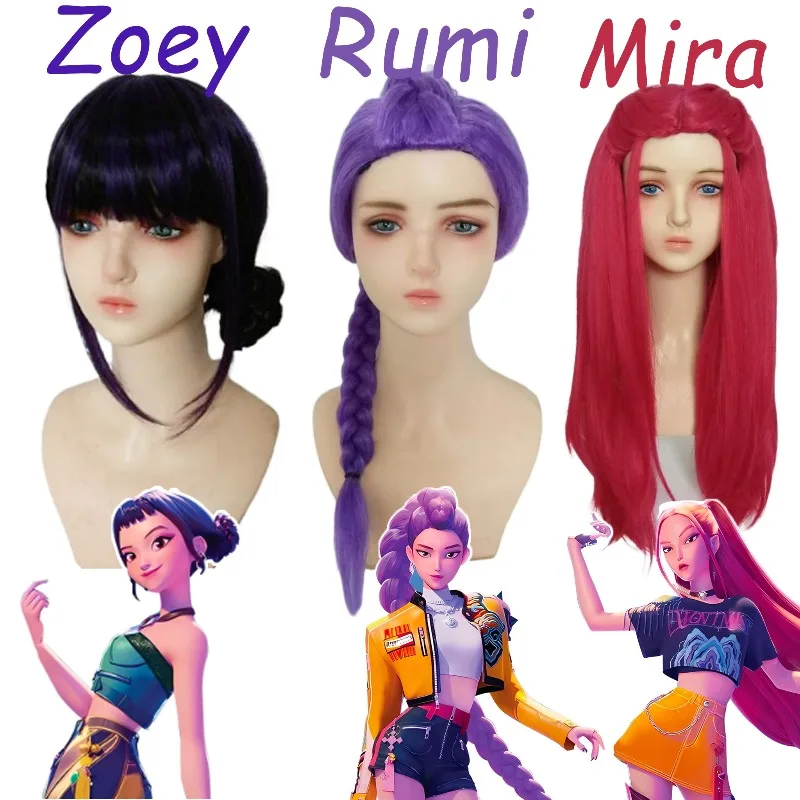 Peruka do cosplayu dla dzieci, dziewcząt, inspirowana filmami Kpop, Mira Rumi Zoey Demon Hunters, fioletowo-czarno-czerwone długie włosy, rekwizyty do cosplayu na Halloween, NOWOŚĆ 2025