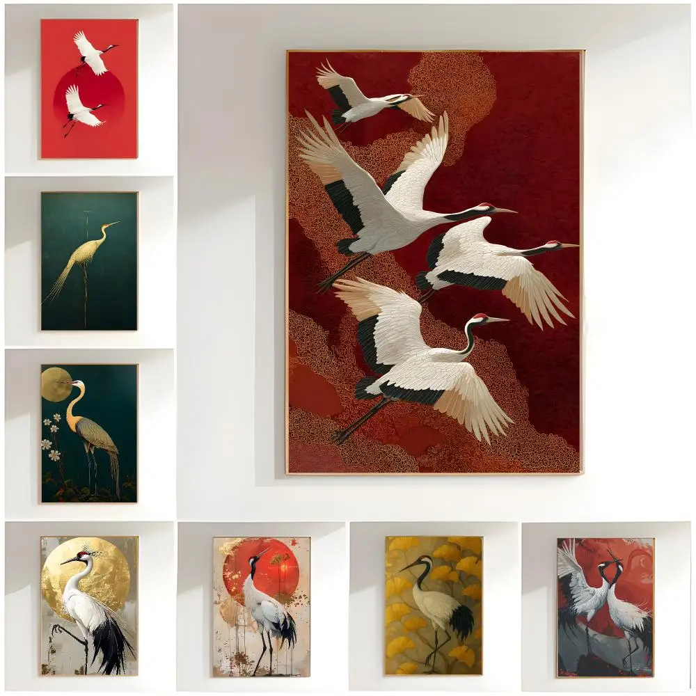 cute illustration r-red crane blue heron Poster Classic Wall Art  Home Decor  Peel and Stick Unframed