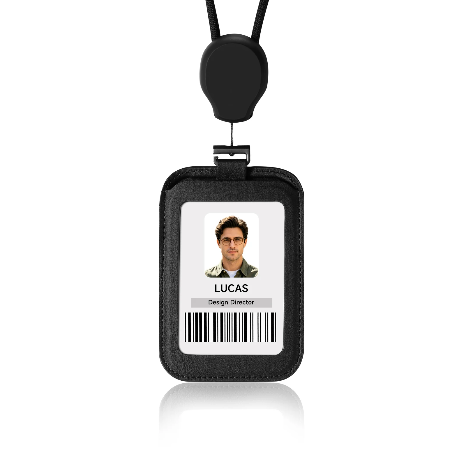 CASEKEY Adjustable Horizontal Vertical Yoyo Cow Leather ID Card Badge Holder with Long Neck Strap for Employee Doctor Nurse