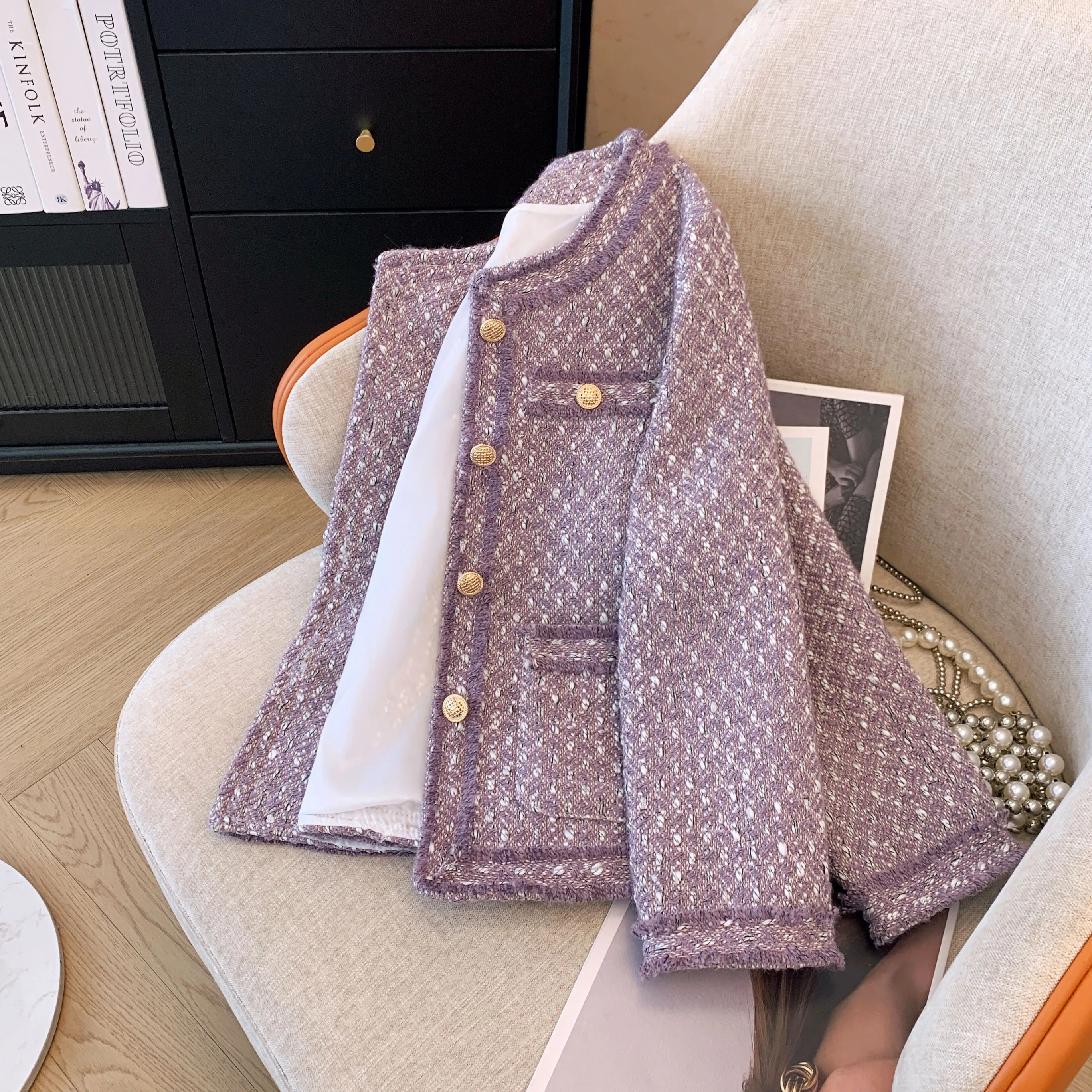 

Women's Korean Style Short Tweed Quilted Jacket Slim Fit Autumn Casual Outwear Chic Luxury Wool Fashion Top